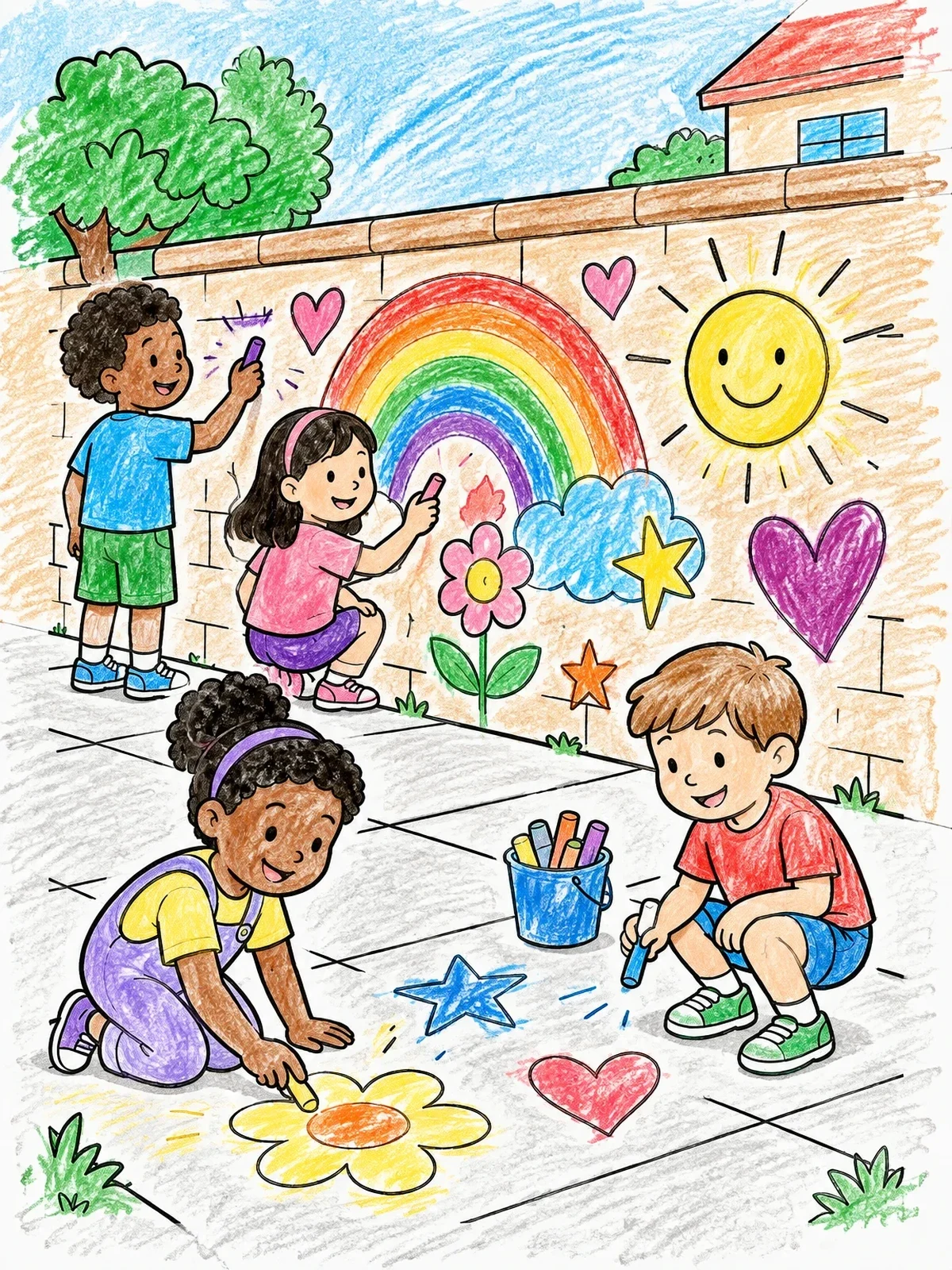 Colored example of the Kids Drawing Chalk Wall Mural coloring page