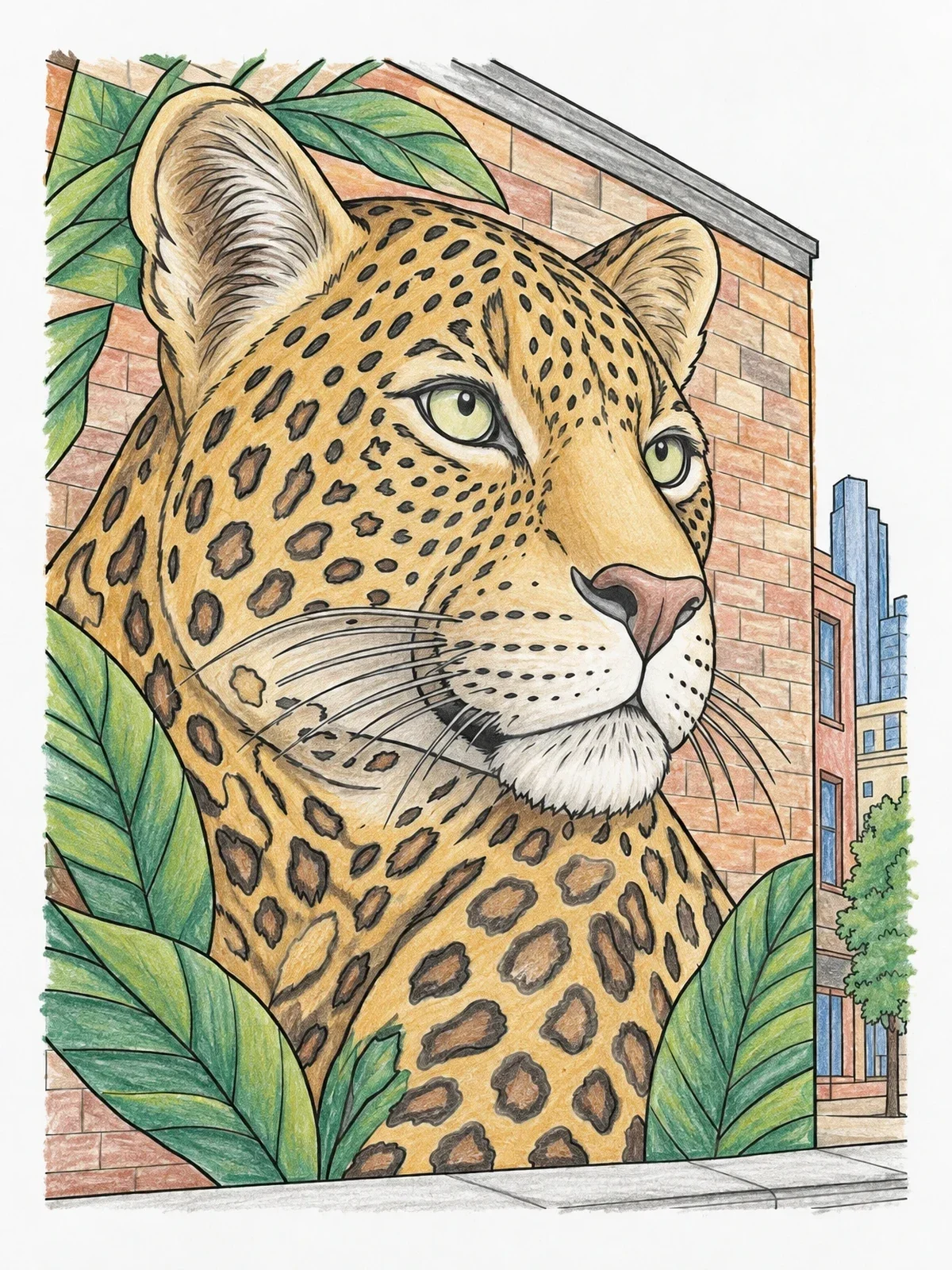 Colored example of the Leopard Mural On City Wall coloring page