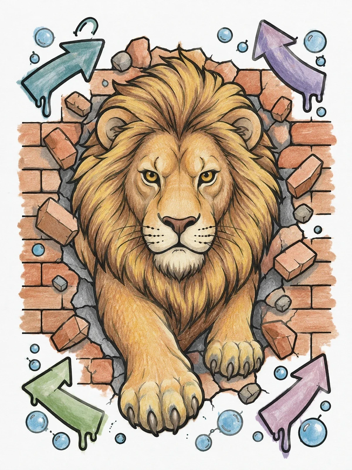 Colored example of the Lion Bursting Through Brick Wall coloring page