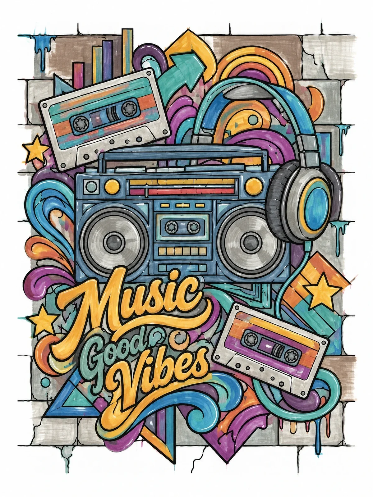Colored example of the Retro Boombox And Music Graffiti Mural coloring page