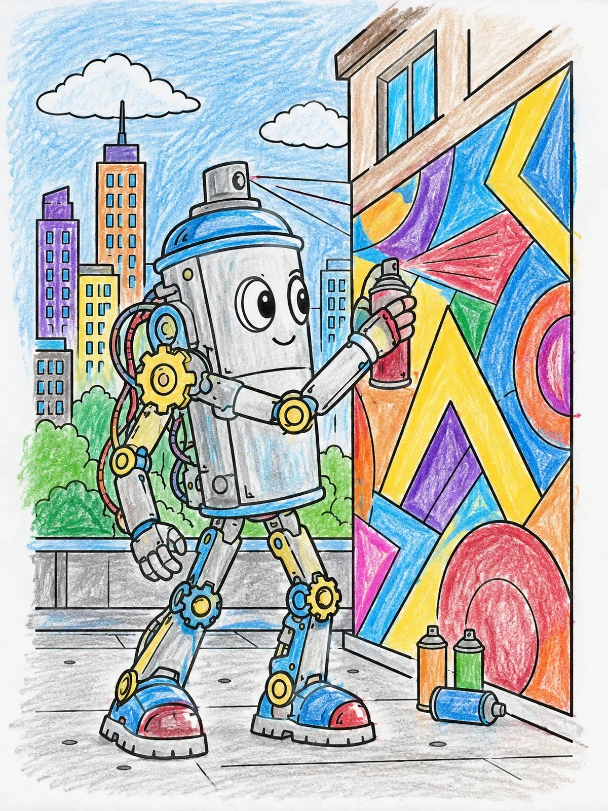 Colored example of the Robot Spray Can Painting Mural coloring page