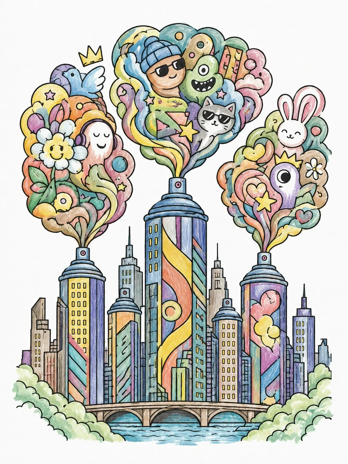 Colored example of the Spray Can Skyscraper Cityscape Doodle coloring page