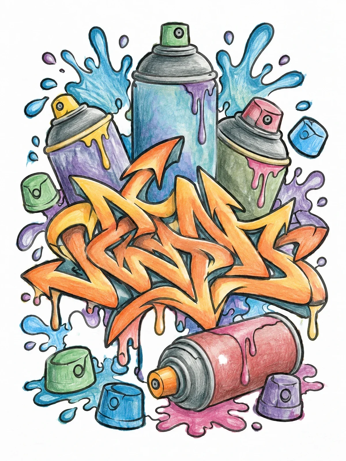 Colored example of the Spray Cans And Wildstyle Graffiti coloring page