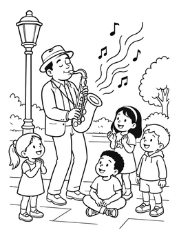 A smiling saxophonist plays near a street lamp for kids on this music coloring page.