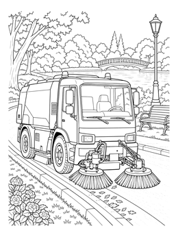 A detailed street sweeper truck coloring page cleaning a park pathway near a pond.
