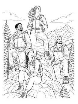 Free printable Hikers Resting On Mountain Peak coloring page