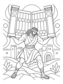 A strong Samson carries giant city gates in this strength coloring page.
