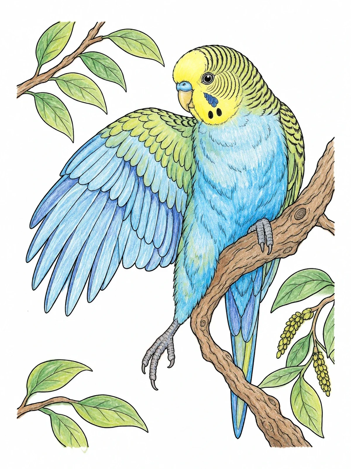 Colored example of the Stretching Budgie On A Leafy Branch coloring page