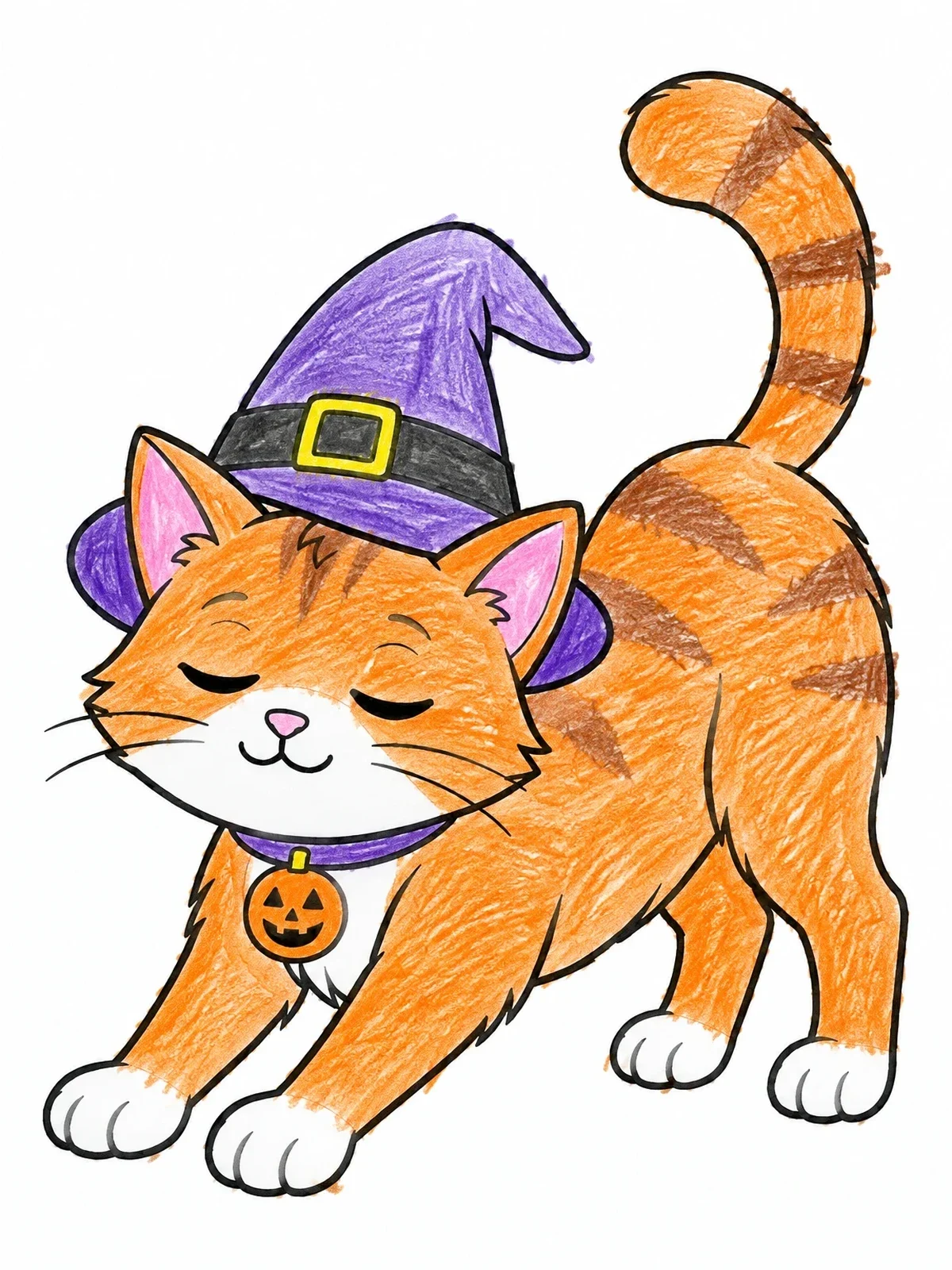 Colored example of the Stretching Witch Cat coloring page
