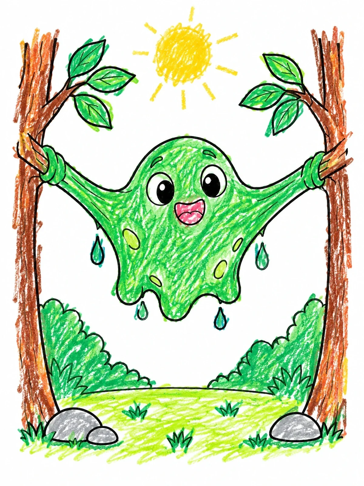 Colored example of the Stretchy Slime Creature Between Trees coloring page