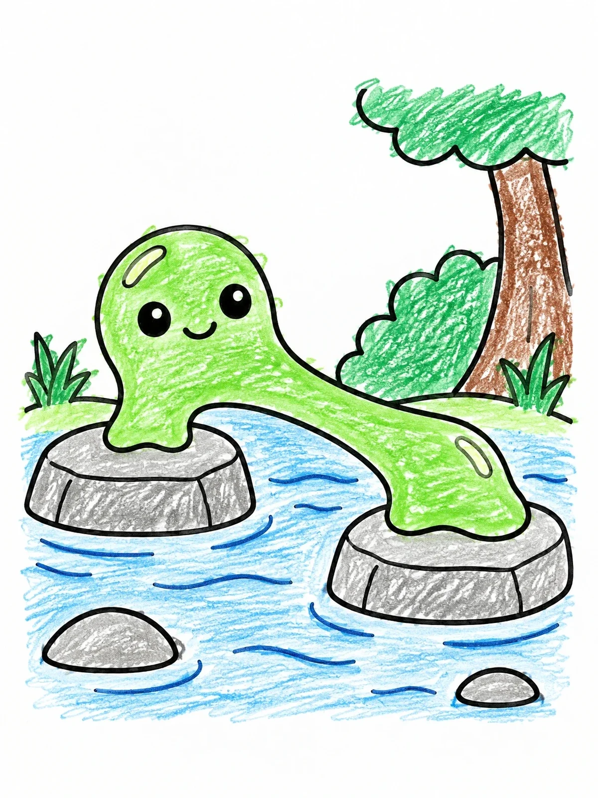 Colored example of the Cute Slime Stretching Over Stepping Stones coloring page