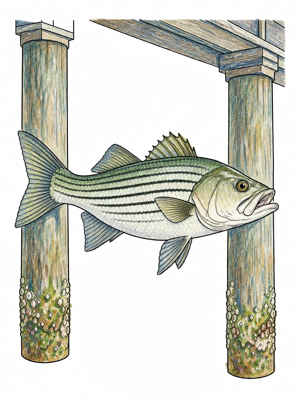 Colored example of the Striped Bass Swimming By Bridge Pilings coloring page