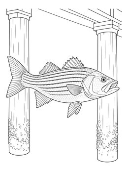 A detailed striped bass coloring page showing the fish swimming between wooden bridge pilings.