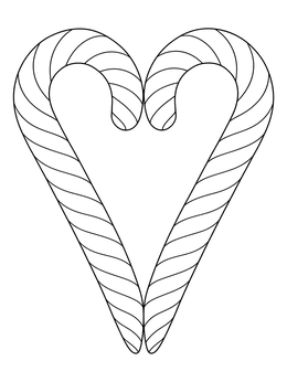 Two striped treats form a festive shape on this candy cane heart coloring page.