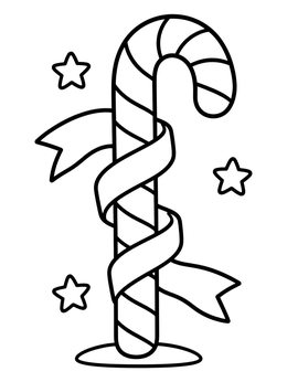 A simple candy cane coloring page wrapped in a swirling ribbon surrounded by stars.