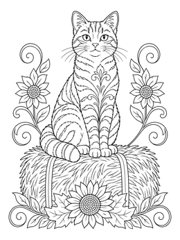 Free printable Striped Cat On Autumn Hay Bale coloring page