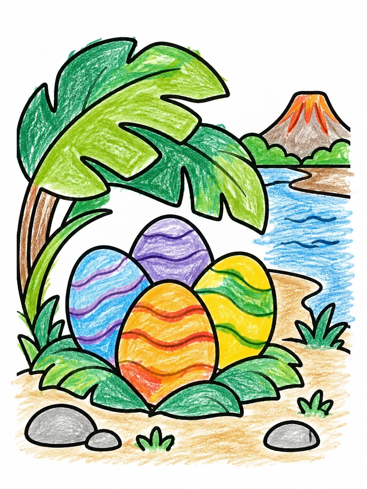 Colored example of the Dinosaur Eggs Under Jungle Leaves coloring page