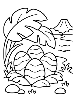 A striped dinosaur egg coloring page featuring a nest of eggs by a prehistoric river and volcano.