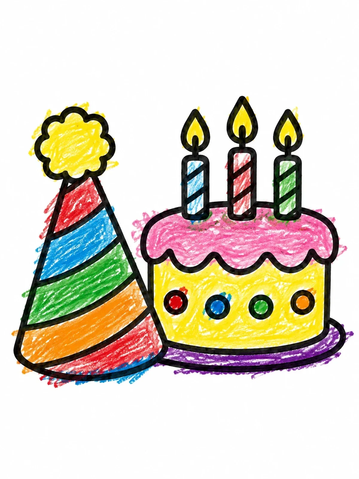 Colored example of the Party Hat And Birthday Cake coloring page