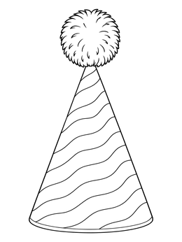 A striped cone party hat coloring page featuring wavy lines and a fluffy round pom-pom on top.
