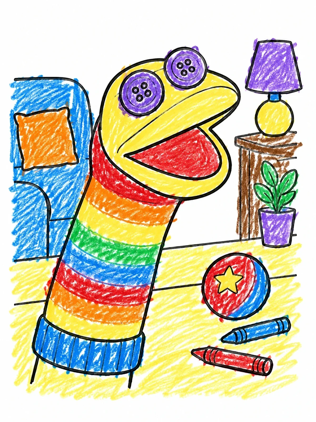 Colored example of the Playful Striped Sock Puppet coloring page