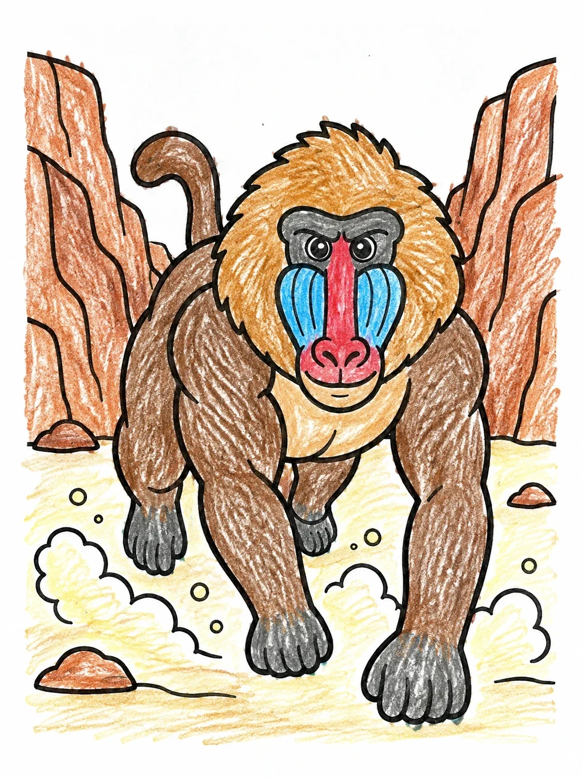 Colored example of the Baboon Running Through A Canyon coloring page