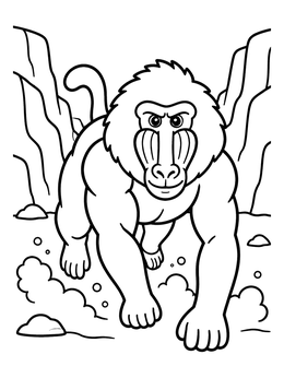 A strong baboon coloring page showing the animal charging forward between rocky canyon walls.