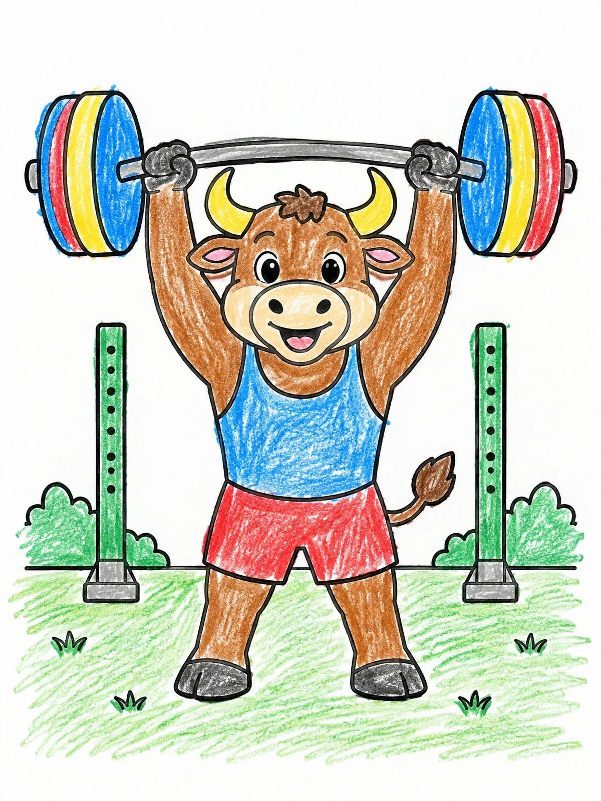 Colored example of the Strong Cartoon Bull Lifting Barbell coloring page