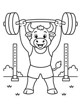 Free printable Strong Cartoon Bull Lifting Barbell coloring page