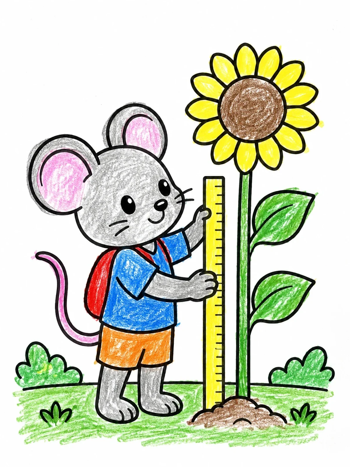 Colored example of the Student Mouse Measuring A Sunflower coloring page