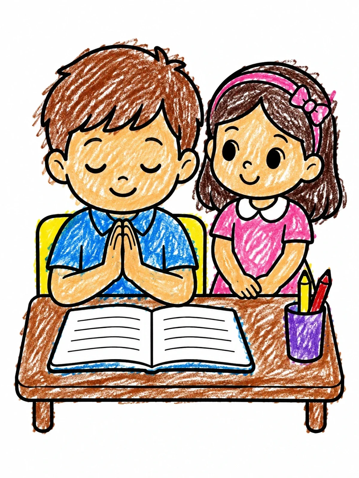 Colored example of the Student Praying At School Desk coloring page
