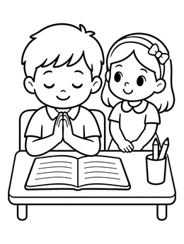 Free printable Student Praying At School Desk coloring page