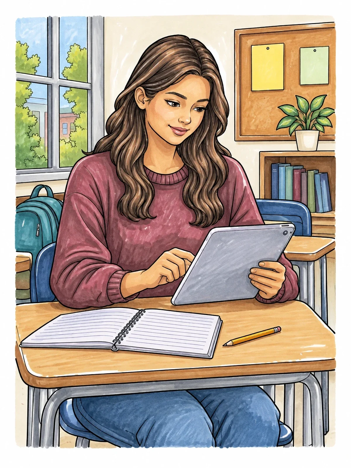 Colored example of the Student Studying With Tablet In Classroom coloring page