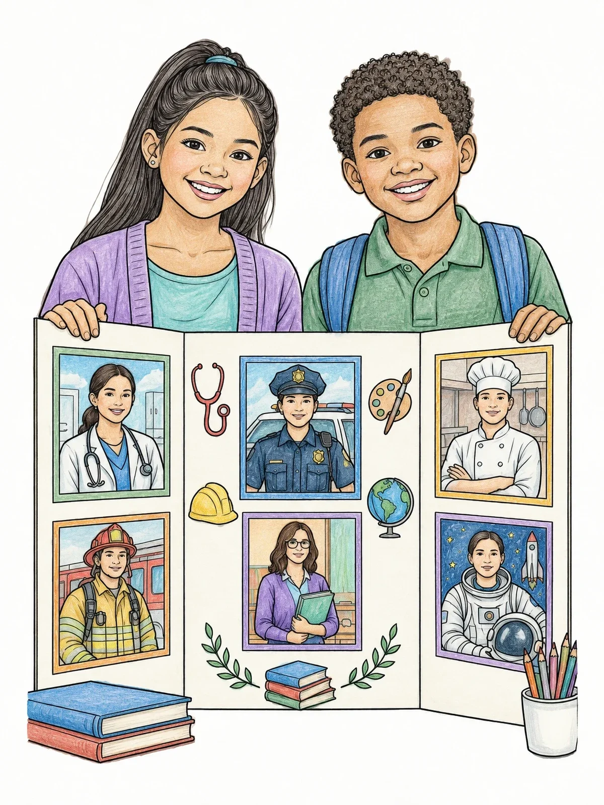 Colored example of the Students Presenting Career Day Board coloring page