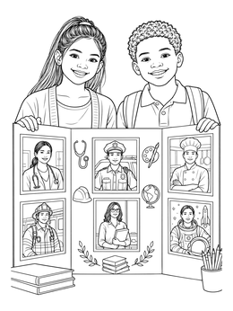 Smiling students present a poster board in this career coloring page featuring various professions.