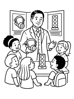 Free printable Students Learning About Garrett Morgan Inventions coloring page