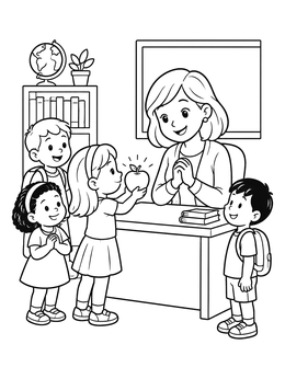 A smiling student giving an apple to her teacher in this teacher coloring page.