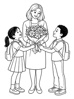 Two smiling students give a floral bouquet in this teacher coloring page.