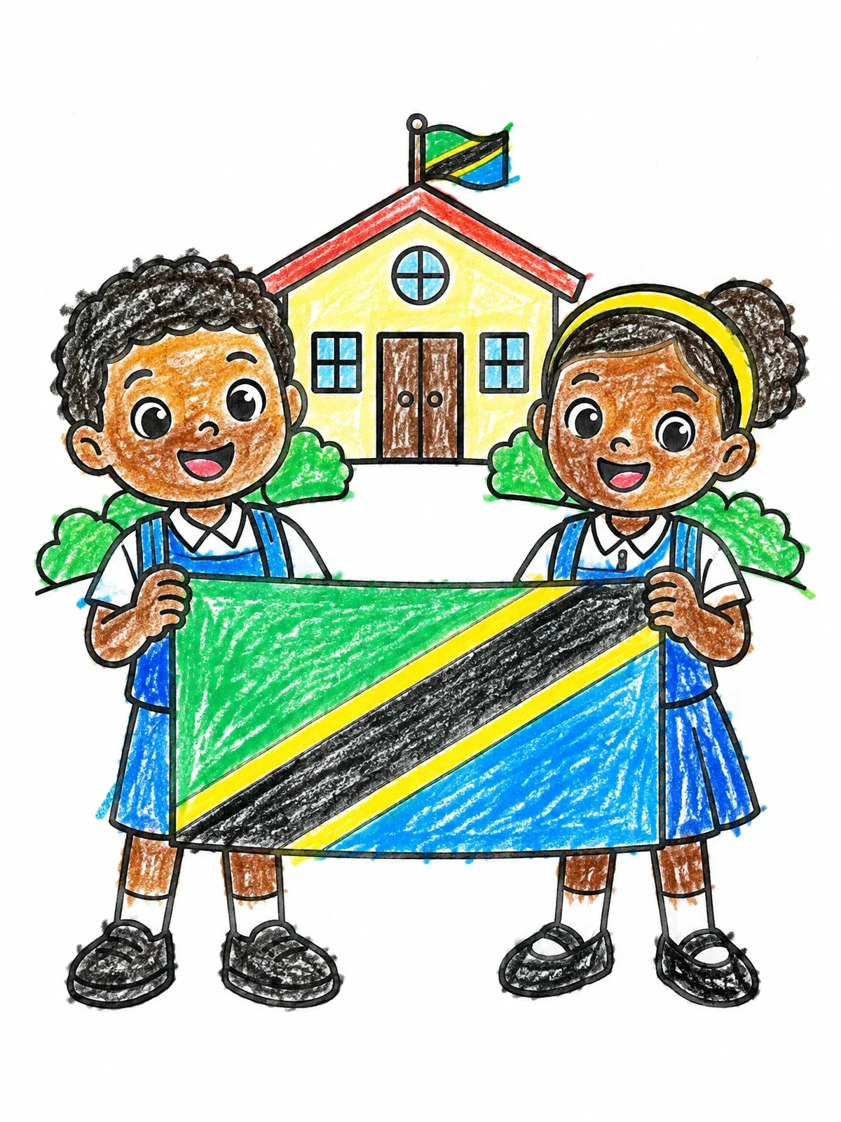 Colored example of the Students Holding Tanzania Flag coloring page