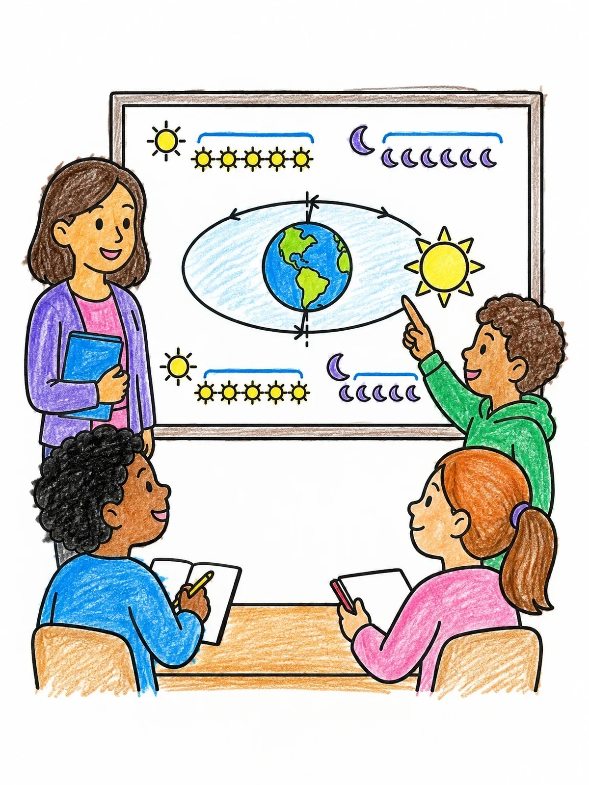 Colored example of the Students Learning About The Autumn Equinox coloring page