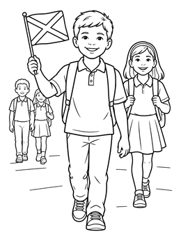 Smiling school kids walk together in this alabama coloring page featuring a handheld state flag.