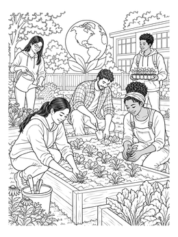 Students planting seedlings in raised beds on this detailed earth day coloring page.