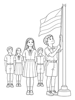 Students watching a boy raise the banner in this flag day coloring page.