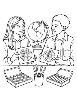 Two students display their circular artwork in this dot day coloring page beside art supplies.