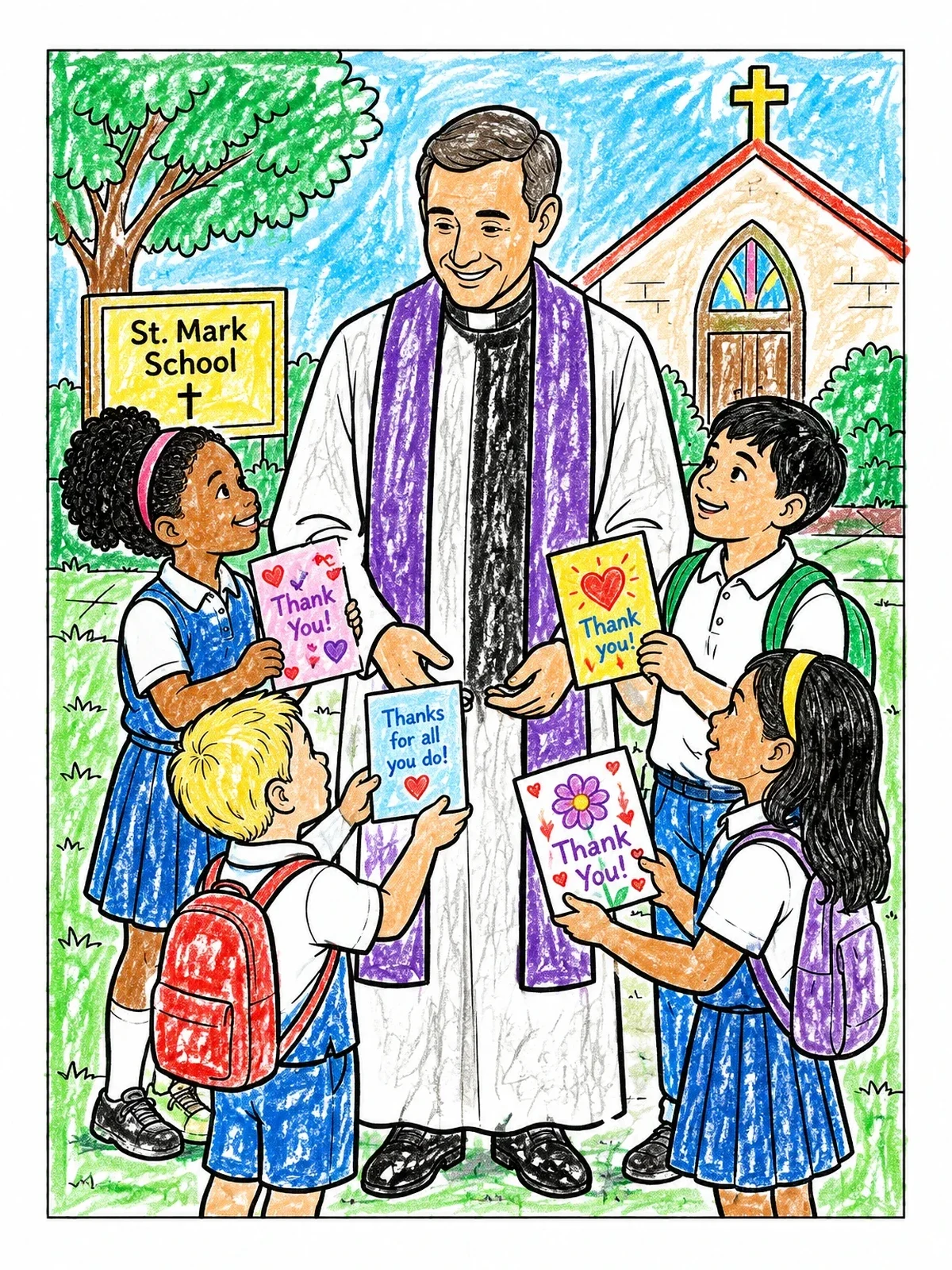Colored example of the Students Thanking Their Parish Priest coloring page