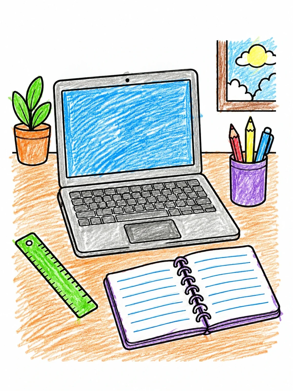 Colored example of the Cozy Study Desk With Laptop coloring page