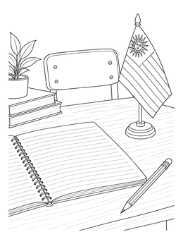 An open notebook, pencil, and miniature flag in this uruguay coloring page on a wooden desk.
