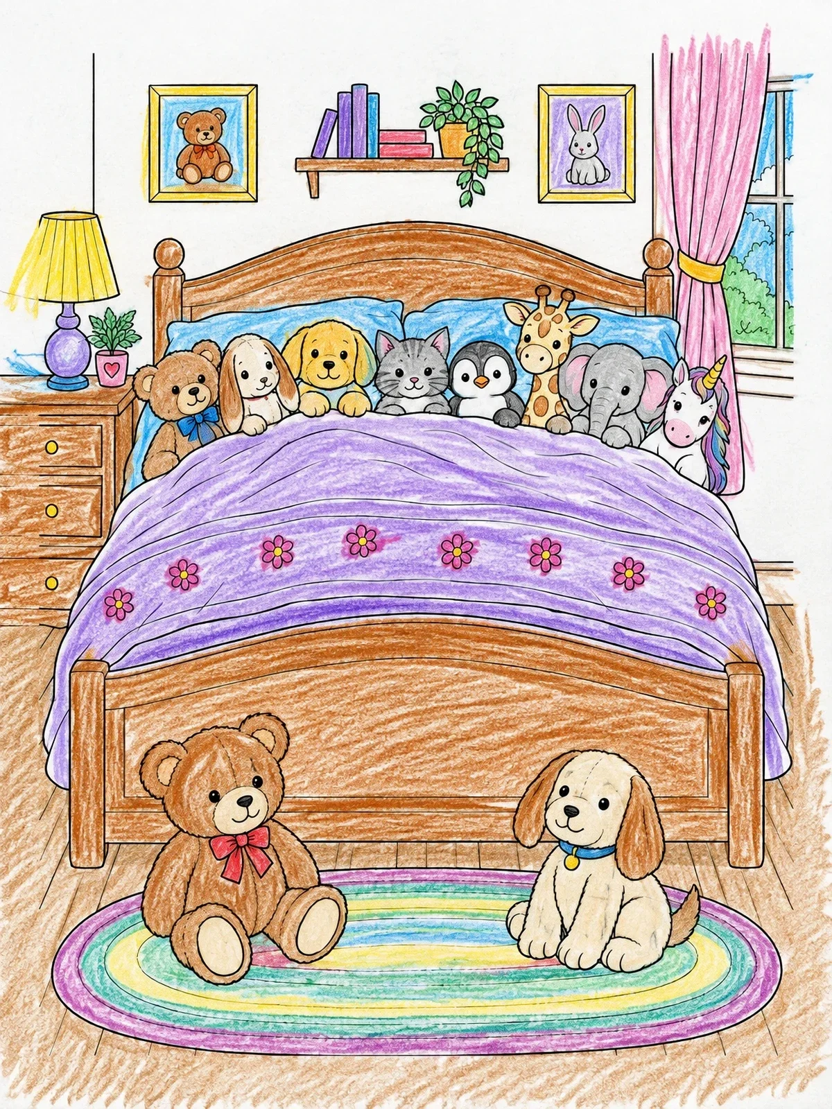 Colored example of the Stuffed Animals In Cozy Bed coloring page