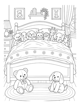 Cute stuffed animals tucked in during a bed coloring page scene.
