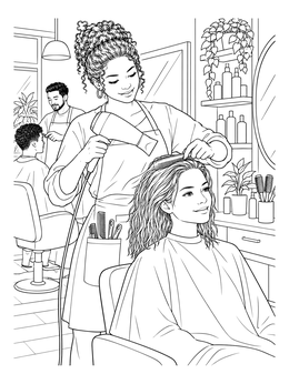 A detailed hair salon coloring page showing a stylist blow drying a client's hair by a mirror.